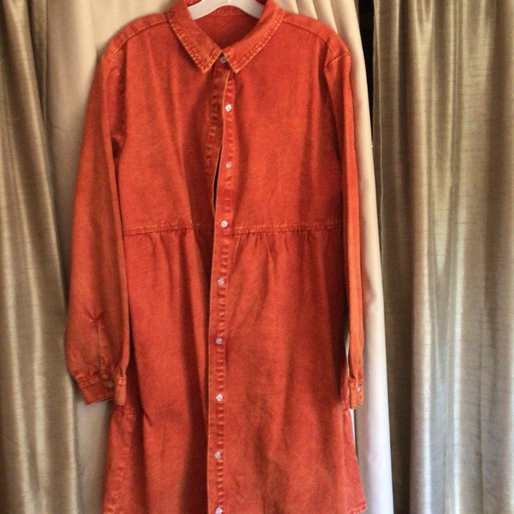 Rust Orange Button-Up Denim Dress
